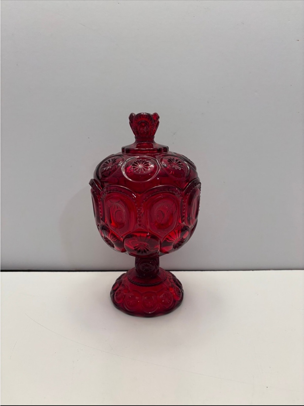 LE Smith Moon and Stars Red Pedestal Candy Dish with Lid - 8” Tall